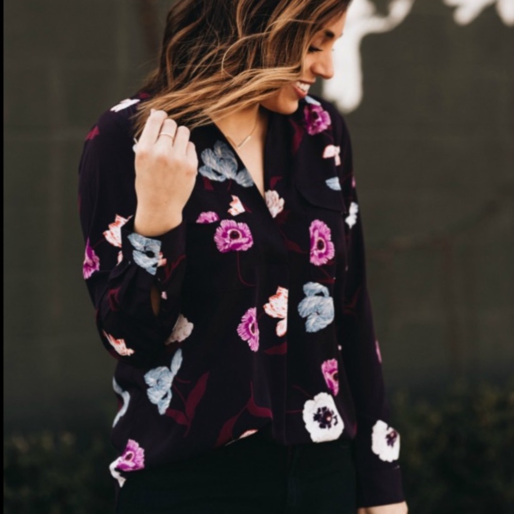 Ann Taylor Botanical Tulip Plum Camp Blouse Size L